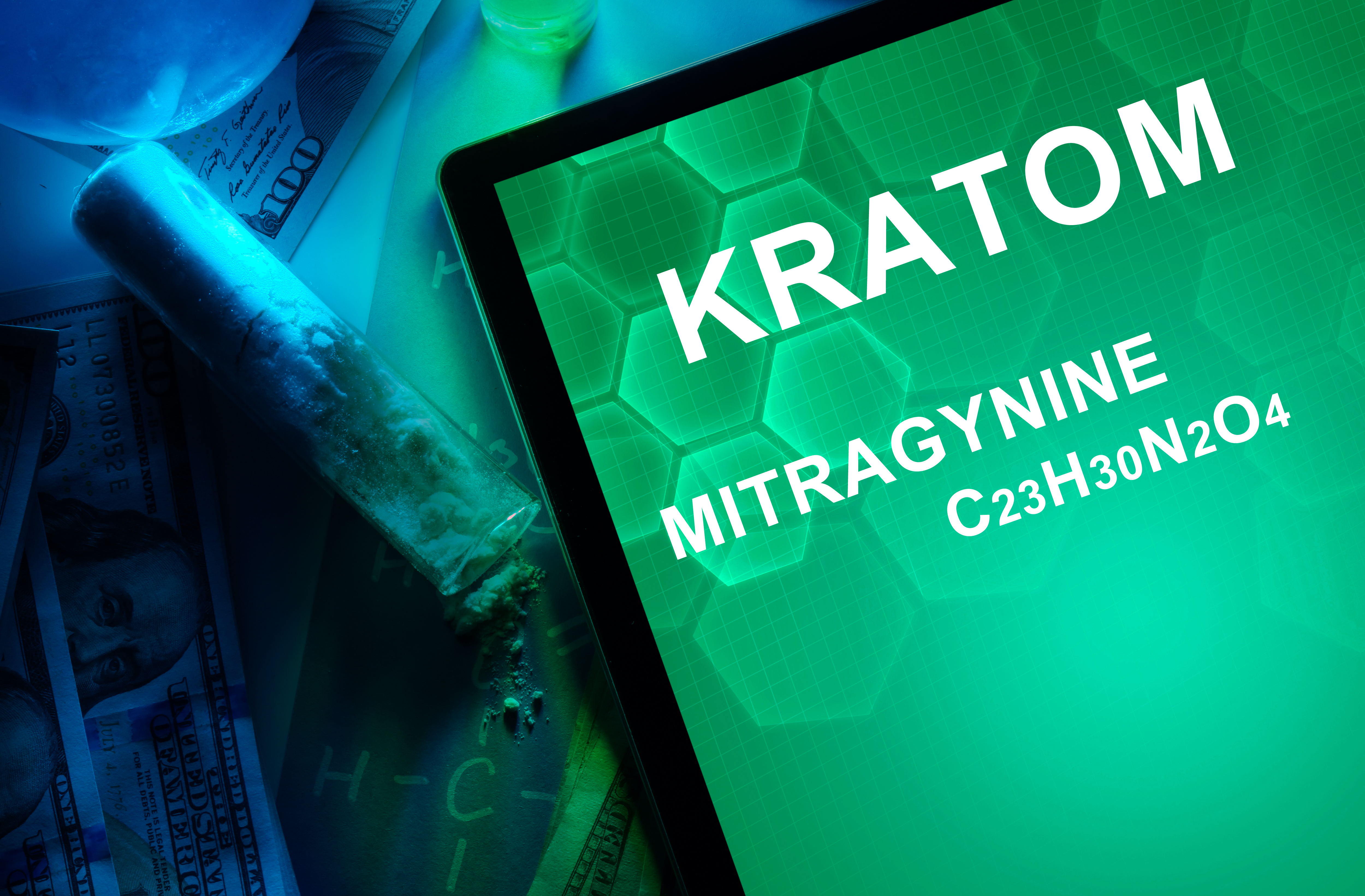 Tablet with the chemical formula of Kratom (Mitragyna speciosa) Mitragynine.