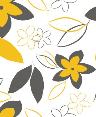 Frangipani flowers are hand-drawn in yellow and gray on a white background. Seamless pattern for wrapping paper, fashion prints, fabrics, clothing, bedding.